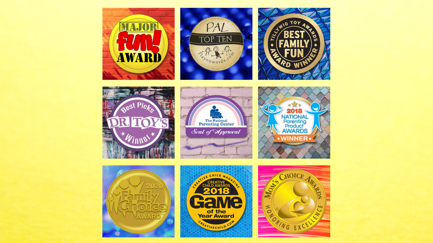 buy candygrams word game board game award winner of nine national award badges on a yellow background