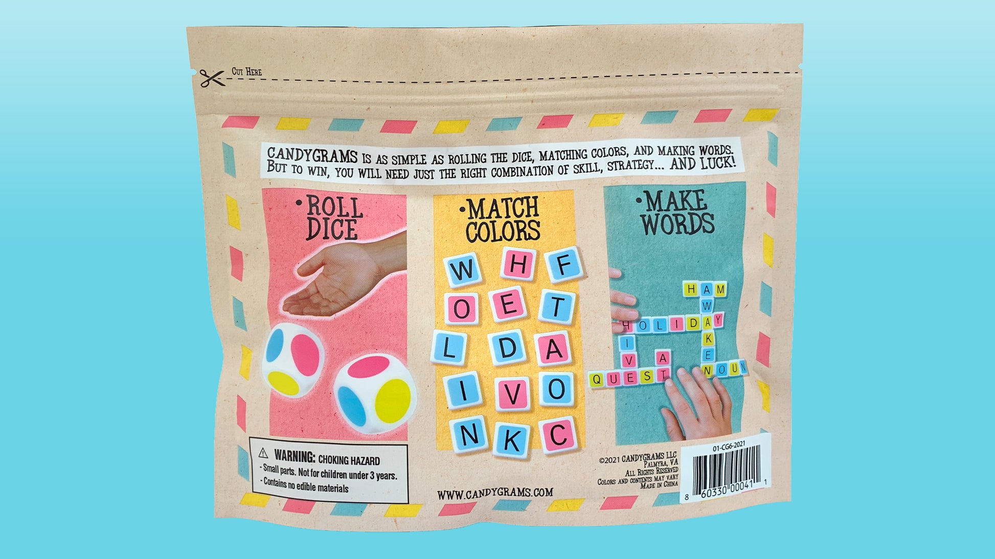 buy candygrams word game board game back of packaging bag on a blue background