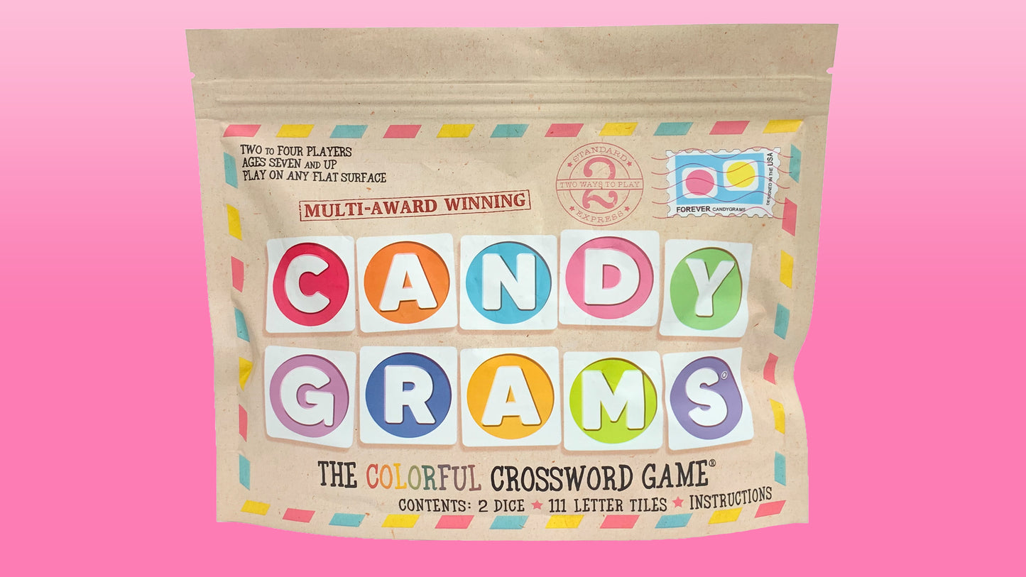 buy candygrams word game board game front of packaging bag on a pink background