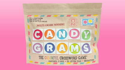 buy candygrams word game board game front of packaging bag on a pink background