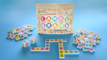 buy candygrams word game board game with letter tiles and dice on a blue background