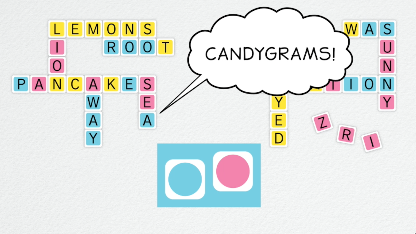 Load video: Roll dice, match colors, make words. Candygrams is a new and original crossword game for 2 to 4 players and everyone ages 7 and up.

Each player starts with 25 letter tiles and builds their own crossword. In each round, every player connects one new word to their own crossword, matching the color combination rolled by the dice. The first player to use all their letters in their crossword wins.