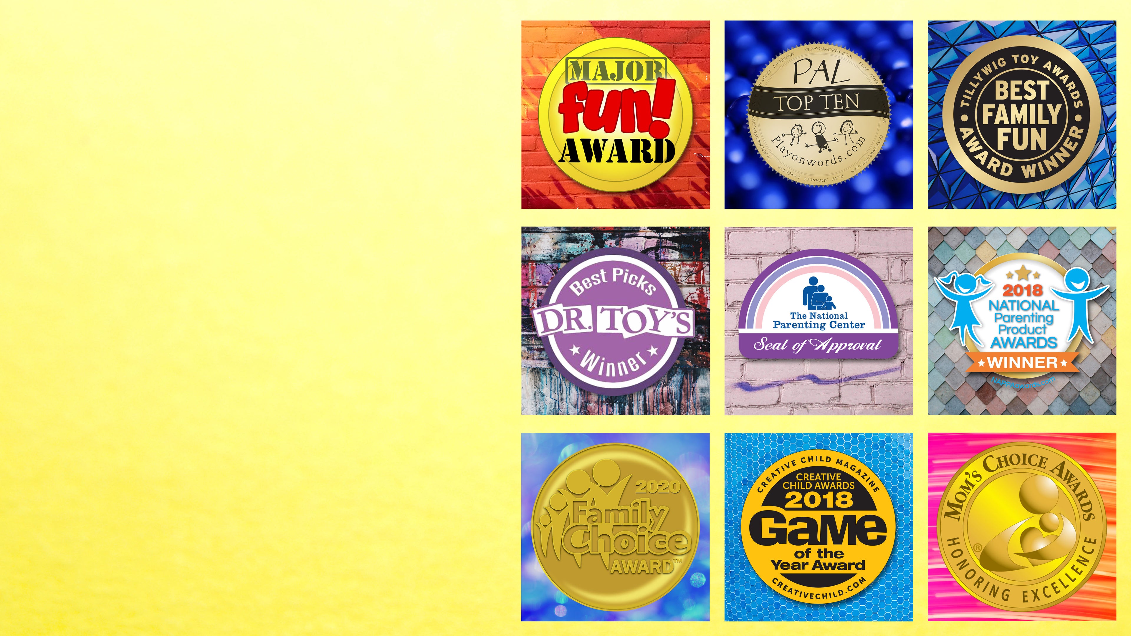 best word game ever candygrams board game award winner of nine national award badges on a yellow background