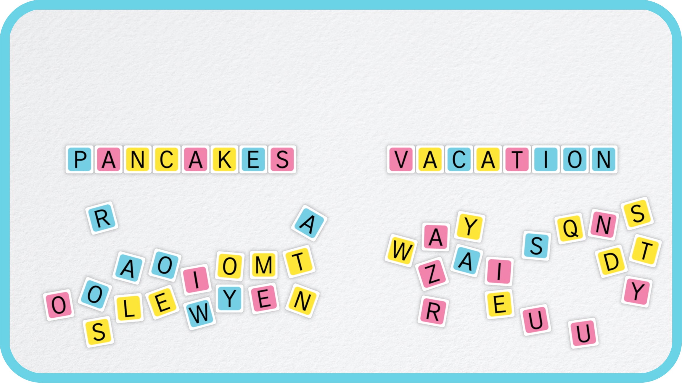 family game night, word game board with colorful letter tiles spelling 'Pancakes' and 'Vacation' on a white background with blue border