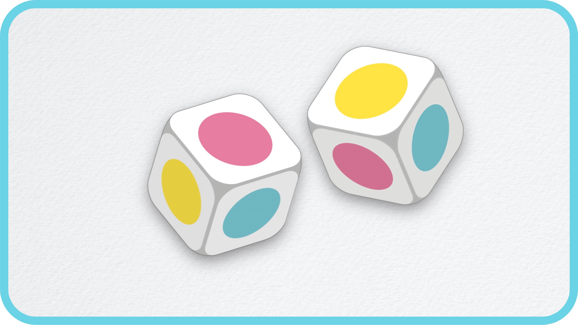 family game night, word game puzzle with pastel colored dice on a white background with blue border