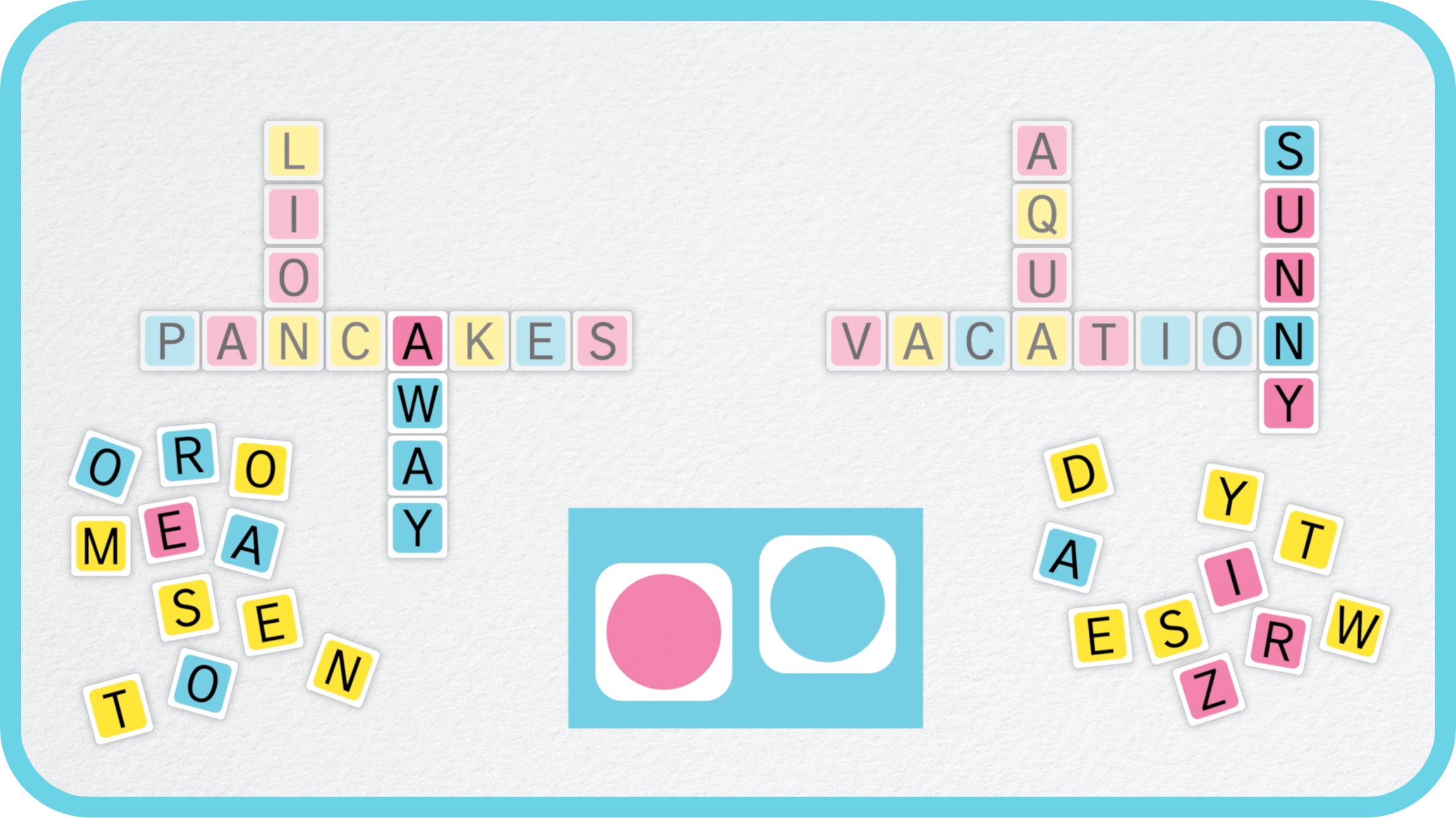 family game night, word puzzle with colorful letter tiles, pastel colored dice, and two anagram crosswords on a white background with blue border